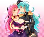  aqua_hair blue_eyes blush breast_press breasts cleavage crown dress epaulettes hat hato_haru highres holding_hands imagawa_yoshimoto_(sengoku_collection) large_breasts long_hair multiple_girls oda_nobunaga_(sengoku_collection) one_eye_closed pink_hair sengoku_collection smile tears underboob_cutout very_long_hair wavy_mouth wince yellow_eyes 