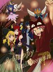  3girls bad_id bad_pixiv_id blonde_hair blue_hair bluesnowcat cane charle_(fairy_tail) crescent_moon demon_tail demon_wings dress elbow_gloves erza_scarlet fairy_tail gloves gray_fullbuster halloween happy_(fairy_tail) hat head_wings horns jack-o'-lantern long_hair lucy_heartfilia moon multiple_boys multiple_girls natsu_dragneel pink_hair red_hair side_slit tail wendy_marvell wings witch witch_hat 
