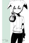  aiming_at_viewer character_name cowboy_shot fei_rune gun handgun holding holding_gun holding_weapon inazuma_eleven_(series) inazuma_eleven_go inazuma_eleven_go_chrono_stone looking_at_viewer male_focus mizuhara_aki monochrome navel pistol solo weapon 