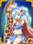  bare_shoulders blue_eyes blue_hair breasts cleavage elbow_gloves feathers fingerless_gloves giraffe gloves hat highres midriff navel open_mouth original ponytail shiny shiny_skin skindentation skirt small_breasts smile thighhighs urutsu_sahari wings 