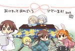  6+girls :d :o akeome animal_ears apron black_hair blonde_hair brown_hair bunny_ears charlotte_e_yeager chibi closed_eyes dog_ears eila_ilmatar_juutilainen erica_hartmann floral_print food francesca_lucchini fruit gertrud_barkhorn happy_new_year japanese_clothes kneeling kotatsu long_hair lying mandarin_orange miyafuji_yoshika multiple_girls new_year o_o on_stomach open_mouth orange_hair pointing pot saliva sanya_v_litvyak short_hair silver_hair sleeping smile strike_witches table takahashi_(ichigo_no_katamari) translated twintails world_witches_series 