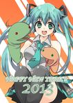  2013 :d absurdres aqua_hair bad_id bad_pixiv_id green_eyes hand_puppet happy_new_year hatsune_miku headphones highres izumu long_hair necktie new_year open_mouth puppet sitting skirt smile snake solo striped striped_background thighhighs twintails vocaloid 