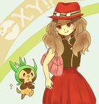  brown_hair chespin female_protagonist_(pokemon_xy) hat long_hair pokemon pokemon_(game) pokemon_xy red_eyes serena_(pokemon) 