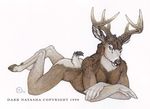  antlers cervine crossed_arms dark_natasha deer hooves horn looking_at_viewer lying male mammal muscles nude raised_tail solo 