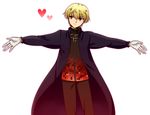  blonde_hair cassock cosplay fate/extra fate_(series) gilgamesh gloves heart kotomine_kirei kotomine_kirei_(cosplay) male_focus red_eyes solo sss_f triquetra white_gloves 