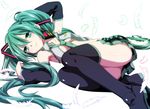 bad_id bad_pixiv_id detached_sleeves etou_(cherry7) feathers green_eyes green_hair hatsune_miku headphones headphones_around_neck headset highres long_hair looking_at_viewer lying necktie open_clothes open_shirt shirt skirt solo thighhighs twintails very_long_hair vocaloid 