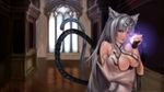  animal_ears bare_shoulders breasts cat_ears cat_tail detached_sleeves highres jakuroi large_breasts lips long_hair looking_at_viewer red_eyes rinkou_no_lemuria silver_hair solo tail underboob wallpaper 