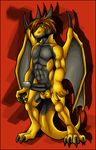  balls biceps black_penis blue_eyes brown_hair claws dragon erection hair horn looking_at_viewer male muscles nude penis reptile scalie smile solo standing tyro_thunderdrone weirdhyenas wings yellow yellow_body 