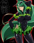  arm_up bad_end_march bad_end_precure black_background black_bodysuit bodysuit breasts covered_navel cure_march dark_persona fingerless_gloves gloves green_eyes green_hair green_skirt hand_on_hip highres large_breasts long_hair midorikawa_nao precure signature skirt smile smile_precure! tiara zasshu_nigou 