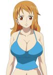  1girl bare_shoulders blue_shirt breasts brown_eyes cleavage female high_resolution large_breasts long_hair looking_at_viewer nami_(one_piece) no_bra one_piece orange_hair shirt solo tank_top third-party_edit third_party_edit upper_body 