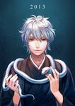  2013 esukee highres japanese_clothes looking_at_viewer male_focus original red_eyes silver_hair smile snake solo 