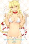  2013 animal_ears blonde_hair bra breasts cat_ears cat_tail collar english fork happy_new_year holding jpeg_artifacts knife large_breasts long_hair new_year original panties prime red_eyes snake solo spoon standing tail tongue underwear underwear_only white_bra white_panties 