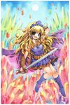  1girl amethyst:_princess_of_gemworld artist_request blonde_hair blue_eyes crystal crystals gem_stones looking_at_viewer moon solo sparkle sword weapon 
