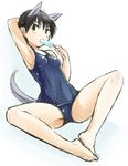  animal_ears arm_behind_head barefoot black_hair brown_eyes butterfly_sitting covered_navel food leaning_back mozu_(peth) one-piece_swimsuit popsicle school_swimsuit short_hair sketch solo spread_legs swimsuit tail wakamoto_tetsuko world_witches_series 