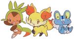  black_eyes blue_eyes blush buck_teeth chespin creature fennekin fox froakie frog no_humans open_mouth pokemon pokemon_(game) pokemon_xy red_eyes ruby_(rollerdiscoking) simple_background smile white_background wink 