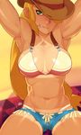  abs absurdres applejack armpits arms_up bikini blonde_hair bottle breasts cowboy_hat doxy freckles fringe_trim green_eyes hat hat_over_one_eye highleg highleg_bikini highleg_swimsuit highres large_breasts long_hair lotion_bottle low-tied_long_hair mouth_hold muscle muscular_female my_little_pony my_little_pony_friendship_is_magic navel non-web_source personification short_shorts shorts solo swimsuit tan tanline toothpick 
