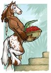  apple armband basket collar equine fruit horse loincloth mammal staircase unknown_artist 
