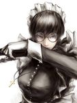  black_hair black_lagoon braid breasts cross cross_necklace glasses gloves gun handgun jewelry large_breasts long_hair maid maid_headdress necklace pistol roberta_(black_lagoon) round_eyewear solo twin_braids weapon wrist_cuffs yosa 