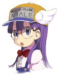  :o blue_eyes blush bow clothes_writing dr._slump glasses hat long_hair looking_at_viewer norimaki_arale overalls portrait purple_hair shirabi simple_background solo white_background winged_hat 