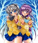  bad_id bad_pixiv_id black_panties blue_eyes clannad fujibayashi_kyou hairband hikarizaka_private_high_school_uniform holding holding_panties long_hair multiple_girls one_eye_closed panties purple_eyes purple_hair sakagami_tomoyo school_uniform silver_hair striped striped_panties thighhighs underwear white_legwear yuto_takumi 