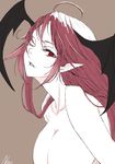  bat_wings breasts brown_background cleavage head_wings koakuma kuronuko_neero large_breasts long_hair nude one_eye_closed parted_lips pointy_ears red_eyes red_hair simple_background sketch solo touhou upper_body wings 