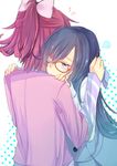  aida_mana bespectacled blue_eyes blue_hair blush couple dokidoki!_precure flipped_hair glasses half_updo highres hinagi_(fox_priest) hishikawa_rikka hug long_hair multiple_girls pink_hair ponytail precure red-framed_eyewear short_hair yuri 