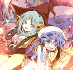  1girl aladdin_(magi) aqua_hair blue_eyes blue_hair blush braid breasts flute hat instrument large_breasts long_hair looking_at_viewer magi_the_labyrinth_of_magic mari_audio open_mouth shell shell_bikini single_braid staff turban witch_hat yamuraiha zoom_layer 