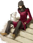  animal aragaki_shinjirou beanie brown_eyes brown_hair dog double-breasted hat koromaru male_focus newmoon_(aoi_taso) persona persona_3 sitting smile solo trench_coat 