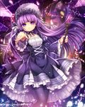  bangs black_legwear blunt_bangs bonnet bow capura_lin choker dress frilled_dress frills gothic_lolita lolita_fashion long_hair looking_at_viewer majoca_majoluna original outstretched_arm pantyhose pointy_ears purple_eyes purple_hair solo staff 