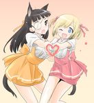  :o ;d alternate_costume animal_ears anna_miller apron black_hair blonde_hair brown_eyes embarrassed erica_hartmann eyepatch hair_down hair_ribbon heart heart_hands heart_hands_duo long_hair mozu_(peth) multiple_girls one_eye_closed open_mouth orange_skirt ribbon sakamoto_mio short_hair skirt smile strike_witches tail two_side_up waitress world_witches_series 