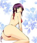  1girl arm_support ass bikini bleach from_behind green_eyes karamiya kurotsuchi_nemu looking_at_viewer looking_back purple_hair side-tie_bikini sitting solo swimsuit wardrobe_malfunction 