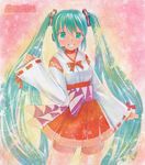  artist_name green_eyes green_hair hatsune_miku headset japanese_clothes long_hair mayo_riyo miko project_diva project_diva_(series) skirt solo traditional_media twintails very_long_hair vocaloid 