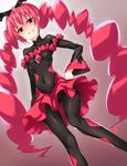  bad_end_happy bad_end_precure bad_id bad_pixiv_id black_bodysuit bodysuit covered_navel dark_persona from_below hand_on_hip keikotsu long_hair pink_hair precure red_eyes skin_tight skirt smile smile_precure! solo tiara twintails 