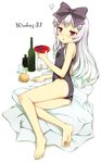  3.1-tan :o alcohol arm_support ass barefoot blush bottle bow character_name choko_(cup) cup drunk feet full_body hair_bow hair_ribbon ikura_hato legs long_hair lying microsoft on_side one-piece_swimsuit os-tan red_eyes ribbon sakazuki sake silver_hair simple_background soles solo swimsuit toes tokkuri uneven_eyes white_background 