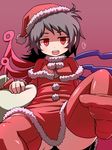  asymmetrical_wings bag black_hair capelet feet hakika hat heart houjuu_nue looking_at_viewer open_mouth pov_feet red_capelet red_eyes santa_costume santa_hat simple_background slit_pupils solo thighhighs touhou wings 