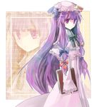  bad_id bad_pixiv_id book bow hair_ribbon hat long_hair patchouli_knowledge pink_bow purple_eyes purple_hair ribbon solo touhou usui_(tripcube) 