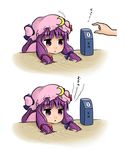  :&lt; abekawa coin_slot commentary_request crescent crescent_moon_pin hair_ribbon hat hat_ribbon highres mob_cap mukyuu patchouli_knowledge pink_hat purple_eyes purple_hair ribbon touhou translated tress_ribbon triangle_mouth 