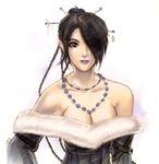  artist_request belt black_belt black_hair breasts censored cleavage dress eyeshadow final_fantasy final_fantasy_x hair_over_one_eye jewelry long_hair lulu_(ff10) makeup medium_breasts mole mole_under_mouth necklace smile solo strapless strapless_dress 