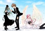  2girls angel_wings c.c. code_geass death dress euphemia_li_britannia formal fujishina_(reca) hat heaven kururugi_suzaku lap_pillow lelouch_lamperouge multiple_boys multiple_girls somber spoilers top_hat wings 