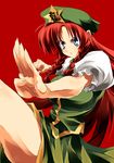 ahoge beret blue_eyes braid breasts china_dress chinese_clothes clenched_hand dress fighting_stance fingernails hat hong_meiling large_breasts leg_up long_fingernails long_hair matsuno_canel open_mouth red_hair simple_background solo star thighs touhou twin_braids very_long_hair 