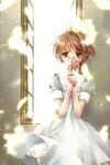  brown_hair copyright_request cross dress feathers glasses highres minakami_kaori scan short_hair solo window yellow_eyes 