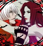  1girl animal bad_id bad_pixiv_id bare_shoulders bat black_gloves dante_(devil_may_cry) devil_may_cry devil_may_cry_3 earrings fingerless_gloves from_side glint gloves hug jewelry lips nevan pale_skin peach-usa profile red_hair silver_hair 