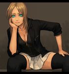  :| aqua_eyes bad_id bad_pixiv_id black_legwear blonde_hair blue_eyes bored breasts chin_rest cleavage closed_mouth green_eyes hand_on_leg hand_on_own_face leaning long_hair medium_breasts mustard_seeds original sitting skirt solo somber spread_legs thighhighs yuuji_(and) zettai_ryouiki 