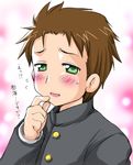  blush brown_hair finger_to_mouth green_eyes lucky_star male_focus school_uniform shiraishi_minoru solo ubizo 