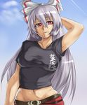  alternate_costume breasts clothes_writing contemporary fujiwara_no_mokou hand_behind_head houtengeki impossible_clothes impossible_shirt large_breasts long_hair midriff navel red_eyes ribbon shirt silver_hair solo t-shirt touhou translated 