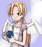  adrian_ferrer angel angel_wings bangs blonde_hair blush character_request copyright_request long_hair looking_at_viewer lowres orb parted_bangs ponytail self_upload smile solo upper_body wings yellow_eyes 