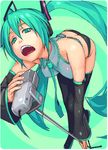  aqua_hair bad_id bad_pixiv_id bent_over black_panties butt_crack d: hatsune_miku long_hair microphone microphone_stand open_mouth panties solo thighhighs underwear very_long_hair vocaloid yuuji_(and) 