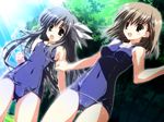  1girl black_eyes blue_hair brown_eyes brown_hair crossdressing h2o_footprints_in_the_sand kumon_maki long_hair non-web_source one-piece_swimsuit otoko_no_ko school_swimsuit short_hair swimsuit yakumo_hamaji 