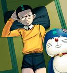  bad_id bad_pixiv_id bell bell_collar collar cosplay doraemon doraemon_(character) glasses lying masao nobi_nobita parody pillow rockman rockman_(character) rockman_(character)_(cosplay) rockman_(classic) tatami 