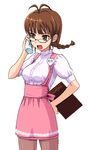  akizuki_ritsuko anna_miller cordless_phone glasses idolmaster idolmaster_(classic) idolmaster_1 pantyhose phone solo takayaki waitress 